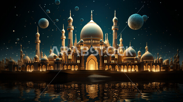 القبب والمآذن المتميزة، ديكورات وتصاميم على الطراز الاسلامي، الفن الهندسي المعماري للمساجد، مسجد عربي فاخر، العبادة والتقرب إلى الله، آداء الفرائض والصلوات، السماء المليئة بالنجوم ليلاً