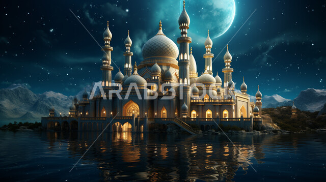 القبب والمآذن المتميزة، ديكورات وتصاميم على الطراز الاسلامي، الفن الهندسي المعماري للمساجد، مسجد عربي فاخر، العبادة والتقرب إلى الله، آداء الفرائض والصلوات، السماء المليئة بالنجوم ليلاً