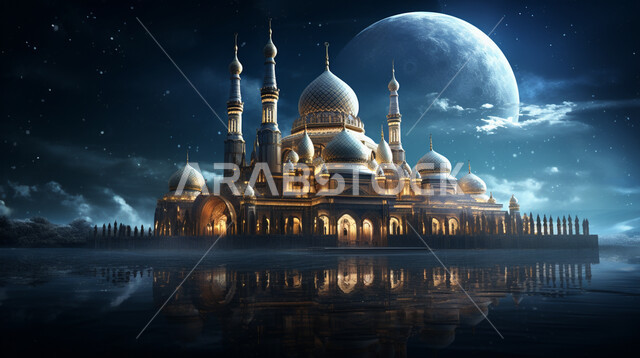 القبب والمآذن المتميزة، ديكورات وتصاميم على الطراز الاسلامي، الفن الهندسي المعماري للمساجد، مسجد عربي فاخر، العبادة والتقرب إلى الله، آداء الفرائض والصلوات، السماء المليئة بالنجوم ليلاً