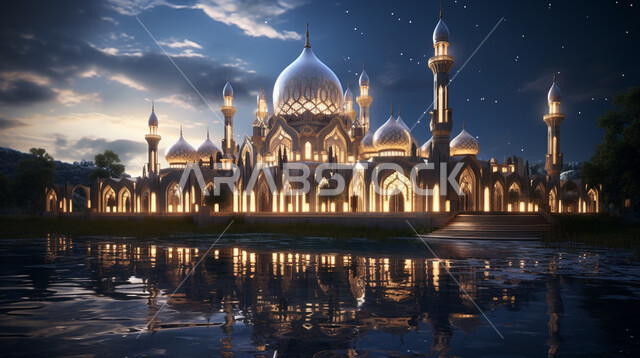 القبب والمآذن المتميزة، ديكورات وتصاميم على الطراز الاسلامي، الفن الهندسي المعماري للمساجد، مسجد عربي فاخر، العبادة والتقرب إلى الله، آداء الفرائض والصلوات، السماء المليئة بالنجوم ليلاً