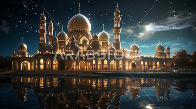 القبب والمآذن المتميزة، ديكورات وتصاميم على الطراز الاسلامي، الفن الهندسي المعماري للمساجد، مسجد عربي فاخر، العبادة والتقرب إلى الله، آداء الفرائض والصلوات، السماء المليئة بالنجوم ليلاً