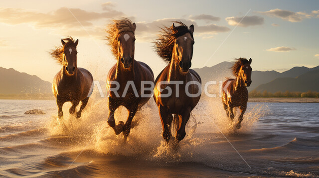 Breeding and caring for horses in nature reserves, caring for and looking after horses in desert areas, purebred Arabian horses in the desert of the Kingdom of Saudi Arabia, a symbol of chivalry and courage