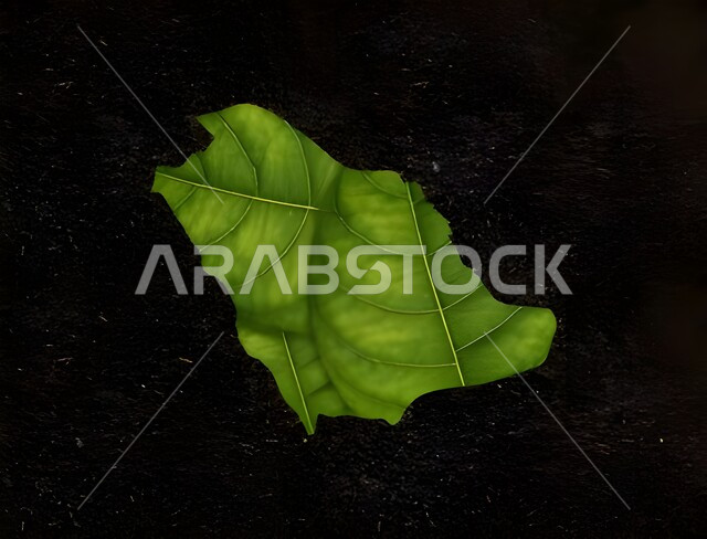 اوراق الشجر الخضراء على شكل خريطة المملكة العربية السعودية، يوم العلم السعودي 11 مارس، الحدود الجغرافية للدولة، ذكرى اليوم الوطني ٢٣ سبتمبر, مفهوم حب الوطن والانتماء إليه، خلفية سوداء