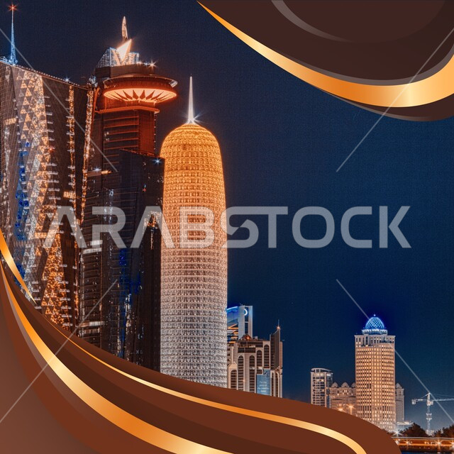 أبراج الدفنة وناطحات السحاب المضاءة في وقت الليل, التصاميم الهندسية المعمارية على الطراز الحديث والمتطور, الفن الهندسي للمنشآت والمباني التجارية في دولة قطر, أماكن السياحة المشهورة