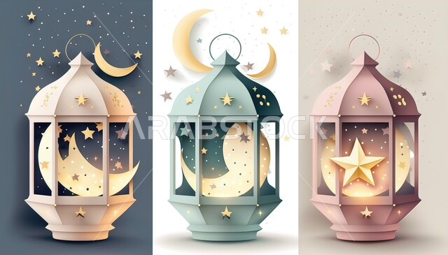 Traditional decorations and antiques to celebrate the coming of the holy month of Ramadan, decorative illuminated metal Arabic lanterns, Arab customs and traditions in decorating holidays and religious occasions, Ramadan atmosphere and Islamic spirituality