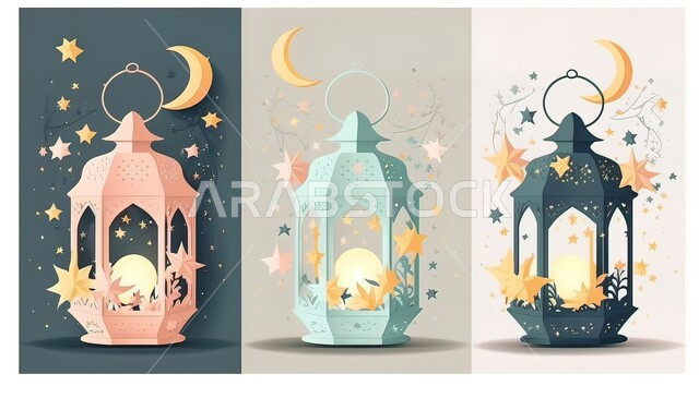 ديكورات وتحف تقليدية للاحتفال بقدوم شهر رمضان المبارك، فوانيس عربية معدنية مزخرفة مضيئة، العادات والتقاليد العربية في زينة الأعياد والمناسبات الدينية، أجواء رمضانية وروحانية إسلامية