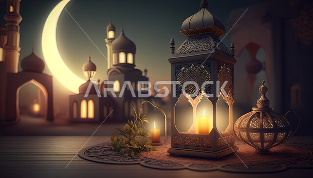Traditional decorations and antiques to celebrate the coming of the holy month of Ramadan, decorative illuminated metal Arabic lanterns, Arab customs and traditions in decorating holidays and religious occasions, Ramadan atmosphere and Islamic spirituality