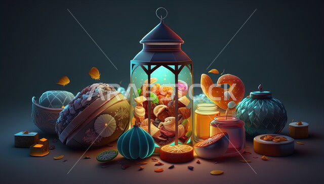 ديكورات وتحف تقليدية للاحتفال بقدوم شهر رمضان المبارك، فوانيس عربية معدنية مزخرفة مضيئة، العادات والتقاليد العربية في زينة الأعياد والمناسبات الدينية، أجواء رمضانية وروحانية إسلامية