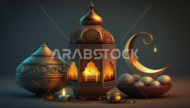 ديكورات وتحف تقليدية للاحتفال بقدوم شهر رمضان المبارك، فوانيس عربية معدنية مزخرفة مضيئة، العادات والتقاليد العربية في زينة الأعياد والمناسبات الدينية، أجواء رمضانية وروحانية إسلامية