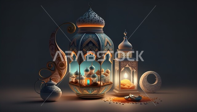 ديكورات وتحف تقليدية للاحتفال بقدوم شهر رمضان المبارك، فوانيس عربية معدنية مزخرفة مضيئة، العادات والتقاليد العربية في زينة الأعياد والمناسبات الدينية، أجواء رمضانية وروحانية إسلامية