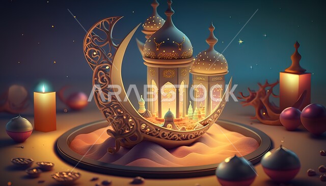 ديكورات وتحف تقليدية للاحتفال بقدوم شهر رمضان المبارك، فوانيس عربية معدنية مزخرفة مضيئة، العادات والتقاليد العربية في زينة الأعياد والمناسبات الدينية، أجواء رمضانية وروحانية إسلامية