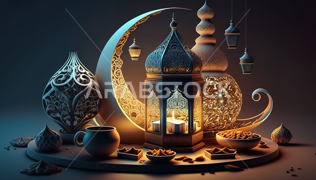 ديكورات وتحف تقليدية للاحتفال بقدوم شهر رمضان المبارك، فوانيس عربية معدنية مزخرفة مضيئة، العادات والتقاليد العربية في زينة الأعياد والمناسبات الدينية، أجواء رمضانية وروحانية إسلامية