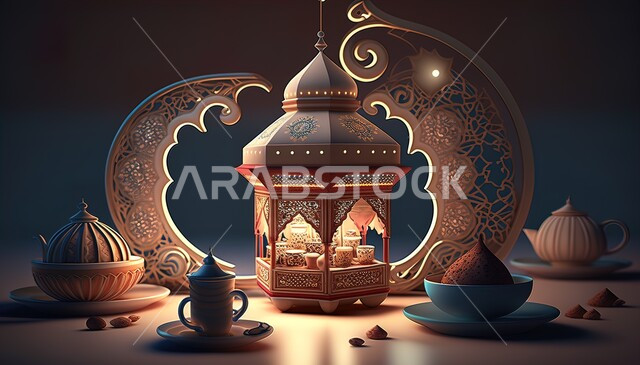 ديكورات وتحف تقليدية للاحتفال بقدوم شهر رمضان المبارك، فوانيس عربية معدنية مزخرفة مضيئة، العادات والتقاليد العربية في زينة الأعياد والمناسبات الدينية، أجواء رمضانية وروحانية إسلامية