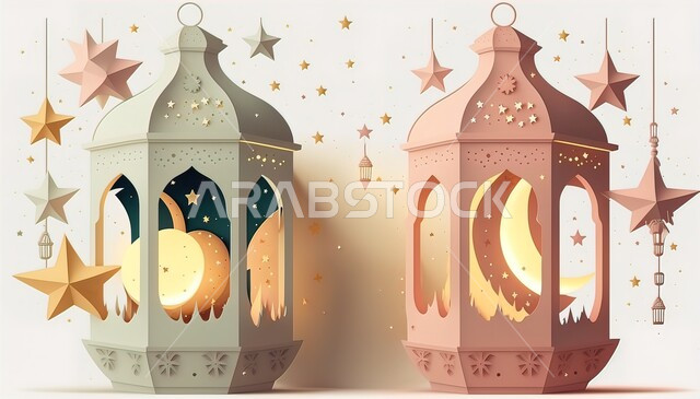 فوانيس عربية معدنية ملونة مزخرفة، ديكورات وتحف تقليدية للاحتفال بقدوم شهر رمضان المبارك، العادات والتقاليد العربية في زينة الأعياد والمناسبات الدينية، أجواء رمضانية وروحانية إسلامية