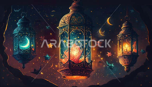 أجواء الاحتفال بالمناسبات والأعياد الدينية الاسلامية، ديكورات وزينة رمضان المبارك, الفوانيس المعدنية التقليدية المضاءة المعلقة في سماء المملكة العربية السعودية, منظر النجوم والهلال والغيوم، البهجة بقدوم شهر الخير