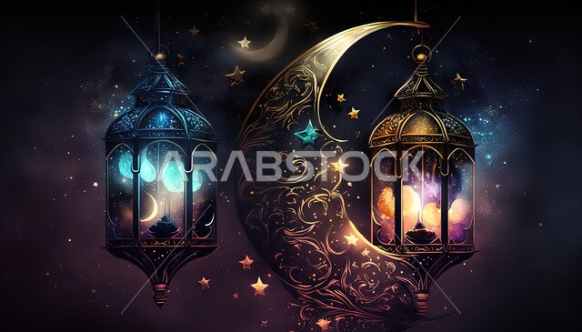 أجواء الاحتفال بالمناسبات والأعياد الدينية الاسلامية، ديكورات وزينة رمضان المبارك, الفوانيس المعدنية التقليدية المضاءة المعلقة في سماء المملكة العربية السعودية, منظر النجوم والهلال والغيوم، البهجة بقدوم شهر الخير