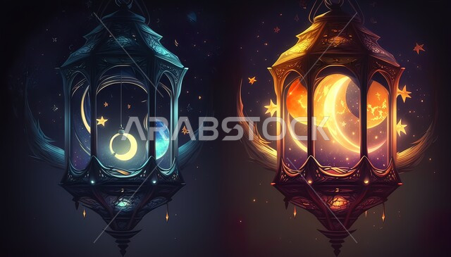 أجواء الاحتفال بالمناسبات والأعياد الدينية الاسلامية، ديكورات وزينة رمضان المبارك, الفوانيس المعدنية التقليدية المضاءة المعلقة في سماء المملكة العربية السعودية, منظر النجوم والهلال والغيوم، البهجة بقدوم شهر الخير