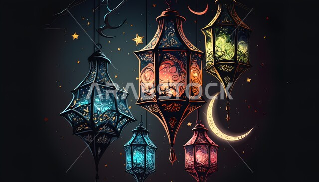 أجواء الاحتفال بالمناسبات والأعياد الدينية الاسلامية، ديكورات وزينة رمضان المبارك, الفوانيس المعدنية التقليدية المضاءة المعلقة في سماء المملكة العربية السعودية, منظر النجوم والهلال والغيوم، البهجة بقدوم شهر الخير