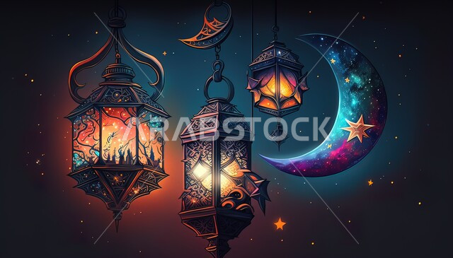  ديكورات وزينة رمضان المبارك, أجواء الاحتفال بالمناسبات والأعياد الدينية الاسلامية، الفوانيس المعدنية التقليدية المضاءة المعلقة في سماء المملكة العربية السعودية, منظر النجوم والهلال والغيوم، البهجة بقدوم شهر الخير