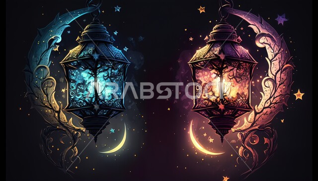  ديكورات وزينة رمضان المبارك, أجواء الاحتفال بالمناسبات والأعياد الدينية الاسلامية، الفوانيس المعدنية التقليدية المضاءة المعلقة في سماء المملكة العربية السعودية, منظر النجوم والهلال والغيوم، البهجة بقدوم شهر الخير