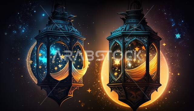  ديكورات وزينة رمضان المبارك, أجواء الاحتفال بالمناسبات والأعياد الدينية الاسلامية، الفوانيس المعدنية التقليدية المضاءة المعلقة في سماء المملكة العربية السعودية, منظر النجوم والهلال والغيوم، البهجة بقدوم شهر الخير
