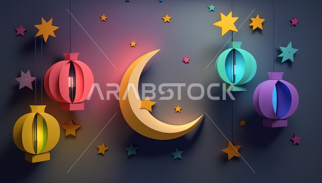 الاحتفال بالمناسبات والأعياد الدينية الاسلامية، ديكورات وزينة رمضان المبارك, الفوانيس المعدنية التقليدية الملونة المضاءة المعلقة، النجوم  وهلال الشهر الكريم