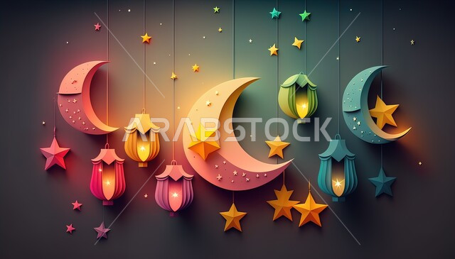 الاحتفال بالمناسبات والأعياد الدينية الاسلامية، ديكورات وزينة رمضان المبارك, الفوانيس المعدنية التقليدية الملونة المضاءة المعلقة، النجوم  وهلال الشهر الكريم