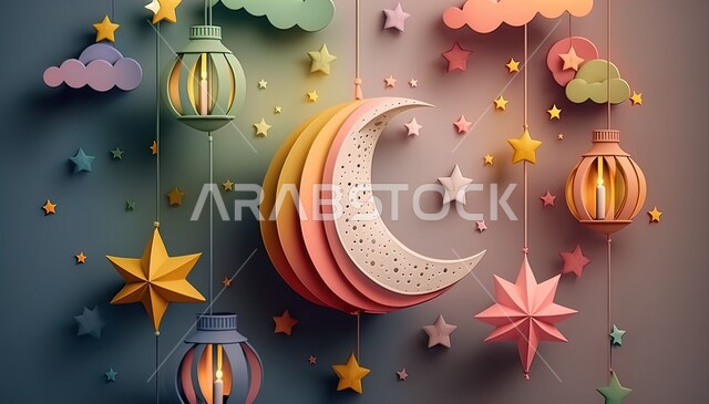 الاحتفال بالمناسبات والأعياد الدينية الاسلامية، ديكورات وزينة رمضان المبارك, الفوانيس المعدنية التقليدية الملونة المضاءة المعلقة، النجوم  وهلال الشهر الكريم