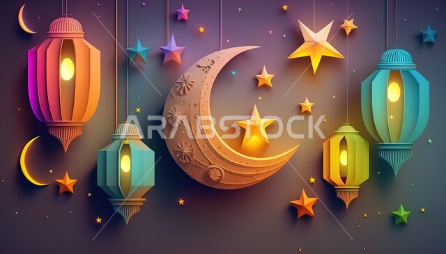 الاحتفال بالمناسبات والأعياد الدينية الاسلامية، ديكورات وزينة رمضان المبارك, الفوانيس المعدنية التقليدية الملونة المضاءة المعلقة، النجوم  وهلال الشهر الكريم