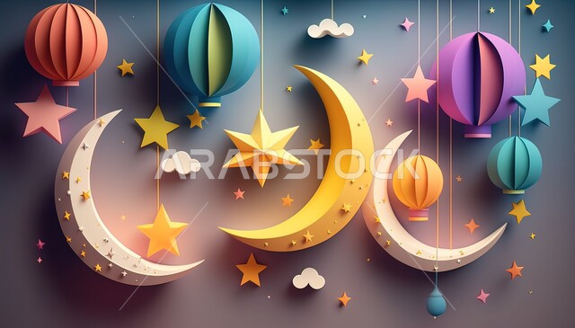 الاحتفال بالمناسبات والأعياد الدينية الاسلامية، ديكورات وزينة رمضان المبارك, الفوانيس المعدنية التقليدية الملونة المضاءة المعلقة، النجوم  وهلال الشهر الكريم