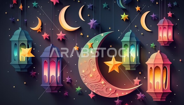 الاحتفال بالمناسبات والأعياد الدينية الاسلامية، ديكورات وزينة رمضان المبارك, الفوانيس المعدنية التقليدية الملونة المضاءة المعلقة، النجوم  وهلال الشهر الكريم