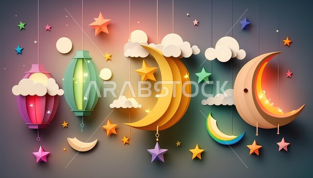 الاحتفال بالمناسبات والأعياد الدينية الاسلامية، ديكورات وزينة رمضان المبارك, الفوانيس المعدنية التقليدية الملونة المضاءة المعلقة، النجوم  وهلال الشهر الكريم