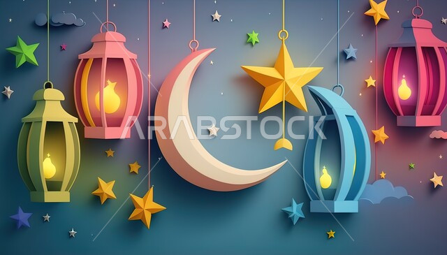 الفوانيس المعدنية التقليدية الملونة المضاءة المعلقة، الاحتفال بالمناسبات والأعياد الدينية الاسلامية، ديكورات وزينة رمضان المبارك, النجوم  وهلال الشهر الكريم