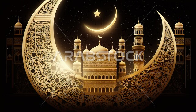 Joy of the coming of Islamic religious holidays and occasions, close-up image of a decorated mosque model illuminated in gold with a crescent moon, the calm spiritual atmosphere of Ramadan, decorations, ornaments and traditional artifacts, celebrating the coming of the holy month of Ramadan