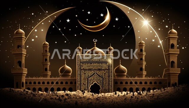 Joy of the coming of Islamic religious holidays and occasions, close-up image of a decorated mosque model illuminated in gold with a crescent moon, the calm spiritual atmosphere of Ramadan, decorations, ornaments and traditional artifacts, celebrating the coming of the holy month of Ramadan