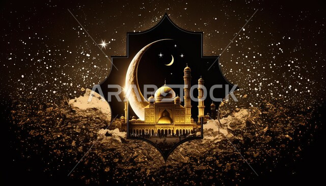 Joy of the coming of Islamic religious holidays and occasions, close-up image of a decorated mosque model illuminated in gold with a crescent moon, the calm spiritual atmosphere of Ramadan, decorations, ornaments and traditional artifacts, celebrating the coming of the holy month of Ramadan