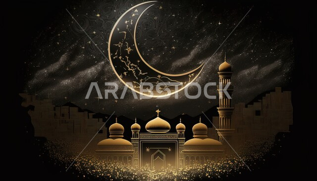 Joy of the coming of Islamic religious holidays and occasions, close-up image of a decorated mosque model illuminated in gold with a crescent moon, the calm spiritual atmosphere of Ramadan, decorations, ornaments and traditional artifacts, celebrating the coming of the holy month of Ramadan