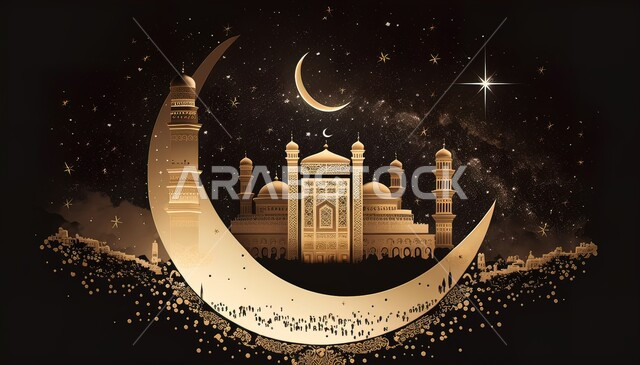Joy of the coming of Islamic religious holidays and occasions, close-up image of a decorated mosque model illuminated in gold with a crescent moon, the calm spiritual atmosphere of Ramadan, decorations, ornaments and traditional artifacts, celebrating the coming of the holy month of Ramadan