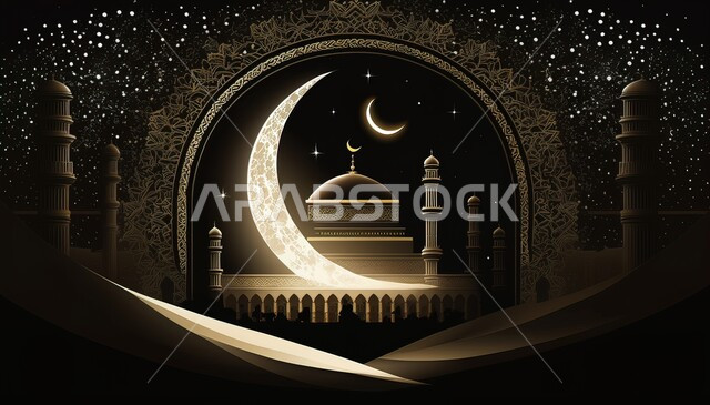 Joy of the coming of Islamic religious holidays and occasions, close-up image of a decorated mosque model illuminated in gold with a crescent moon, the calm spiritual atmosphere of Ramadan, decorations, ornaments and traditional artifacts, celebrating the coming of the holy month of Ramadan