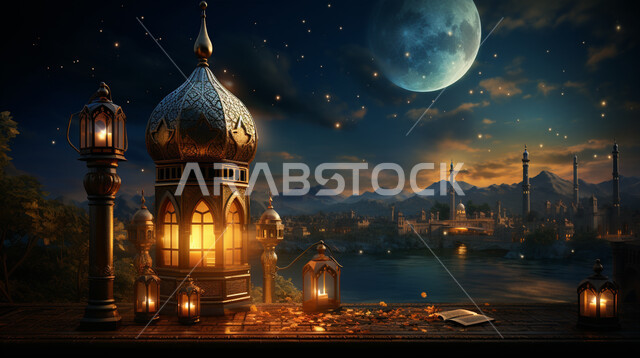 تحف واكسسوارت متميزة، زينة وديكورات رمضان المبارك, الأجواء الروحانية والاحتفال بالمناسبات والأعياد الدينية الاسلامية، صورة مقربة لفوانيس معدنية تقليدية مضيئة مع الهلال, البهجة بقدوم شهر الخير