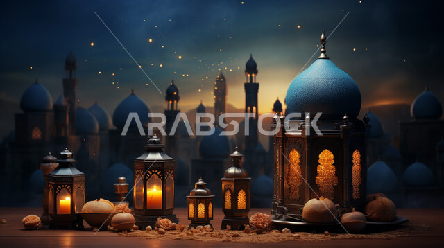 تحف واكسسوارت متميزة، زينة وديكورات رمضان المبارك, الأجواء الروحانية والاحتفال بالمناسبات والأعياد الدينية الاسلامية، صورة مقربة لفوانيس معدنية تقليدية مضيئة مع الهلال, البهجة بقدوم شهر الخير