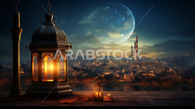 تحف واكسسوارت متميزة، زينة وديكورات رمضان المبارك, الأجواء الروحانية والاحتفال بالمناسبات والأعياد الدينية الاسلامية، صورة مقربة لفوانيس معدنية تقليدية مضيئة مع الهلال, البهجة بقدوم شهر الخير