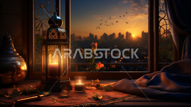 تحف واكسسوارت متميزة، زينة وديكورات رمضان المبارك, الأجواء الروحانية والاحتفال بالمناسبات والأعياد الدينية الاسلامية، صورة مقربة لفوانيس معدنية تقليدية مضيئة مع الهلال, البهجة بقدوم شهر الخير