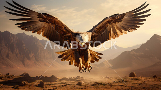 نسر يحلق بجناحيه الكبيرين في صحراء المملكة العربية السعودية, الطيور الجارحة وحياة الحيوانات البرية, مفهوم الافتراس وحدة البصر, تنوع الثروة الحيوانية، التضاريس الجبلية والتكوينات والتشكيلات الصخرية