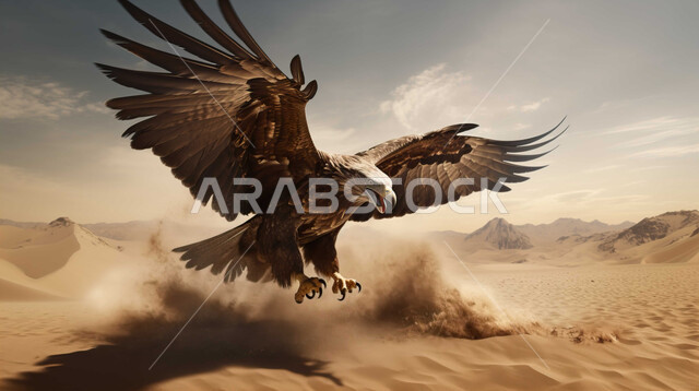 نسر يحلق بجناحيه الكبيرين في صحراء المملكة العربية السعودية, الطيور الجارحة وحياة الحيوانات البرية, مفهوم الافتراس وحدة البصر, تنوع الثروة الحيوانية، التضاريس الجبلية والتكوينات والتشكيلات الصخرية