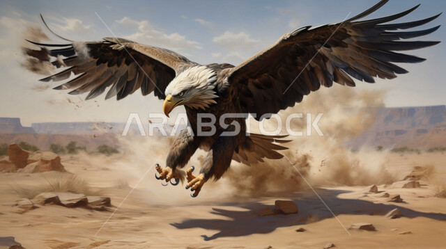 نسر يحلق بجناحيه الكبيرين في صحراء المملكة العربية السعودية, الطيور الجارحة وحياة الحيوانات البرية, مفهوم الافتراس وحدة البصر, تنوع الثروة الحيوانية، التضاريس الجبلية والتكوينات والتشكيلات الصخرية