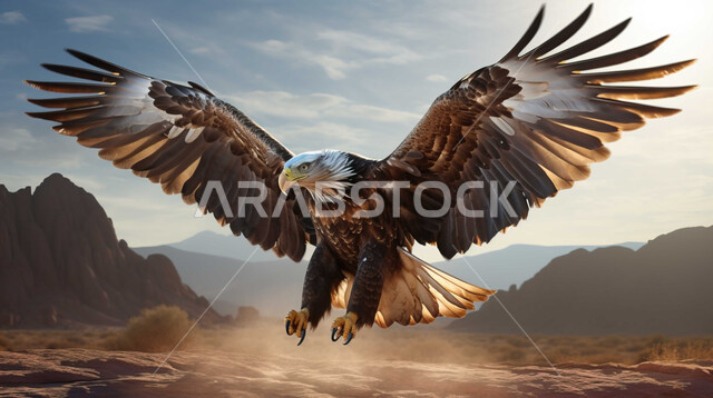 نسر يحلق بجناحيه الكبيرين في صحراء المملكة العربية السعودية, الطيور الجارحة وحياة الحيوانات البرية, مفهوم الافتراس وحدة البصر, تنوع الثروة الحيوانية، التضاريس الجبلية والتكوينات والتشكيلات الصخرية