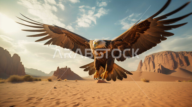 An eagle soaring with its large wings in the desert of Saudi Arabia, birds of prey and wildlife, the concept of predation and visual acuity, diversity of animal wealth, mountainous terrain and rock formations and formations