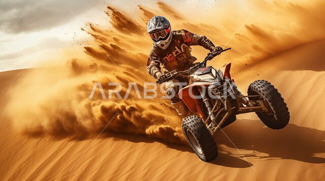 أنشطة شبابية ممتعة في البيئة الصحراوية، مغامرات سفاري على الكثبان الرملية، رجل عربي خليجي سعودي يرتدي الزي الكاجوال وخوذة الحماية يقوم بقيادة دراجة الدفع الرباعي وسط الصحراء، منظر السماء المليئة بالغيوم فوق الرمال الذهبية