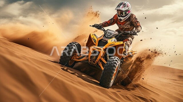 أنشطة شبابية ممتعة في البيئة الصحراوية، مغامرات سفاري على الكثبان الرملية، رجل عربي خليجي سعودي يرتدي الزي الكاجوال وخوذة الحماية يقوم بقيادة دراجة الدفع الرباعي وسط الصحراء، منظر السماء المليئة بالغيوم فوق الرمال الذهبية